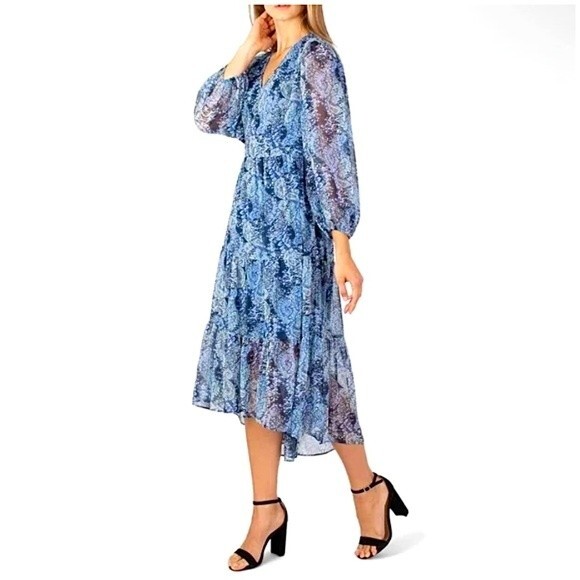 Joie Midi Dress Printed Blue Paisley Floral Chiffon V-Neck Long Sleeve NWT L - Picture 2 of 8